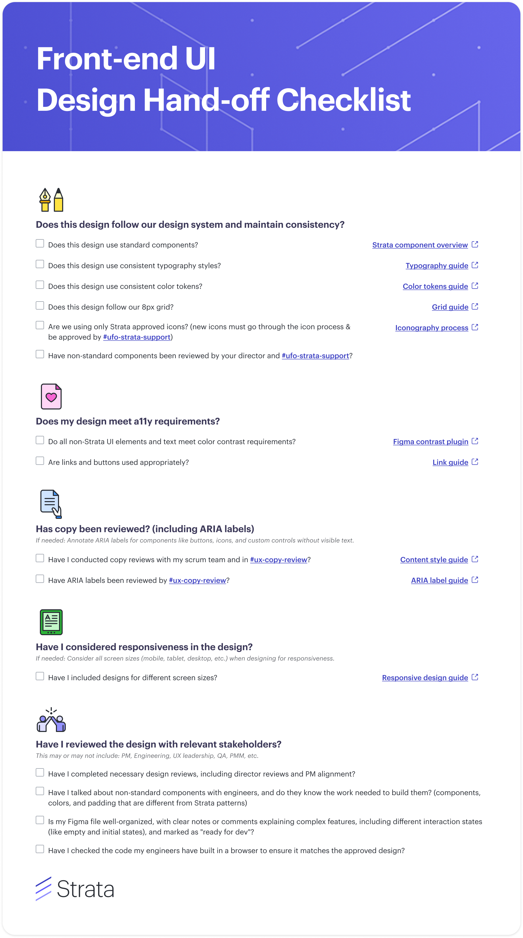 Full Strata front-end UI design handoff checklist covering consistency, accessibility, copy, responsiveness and stakeholder review