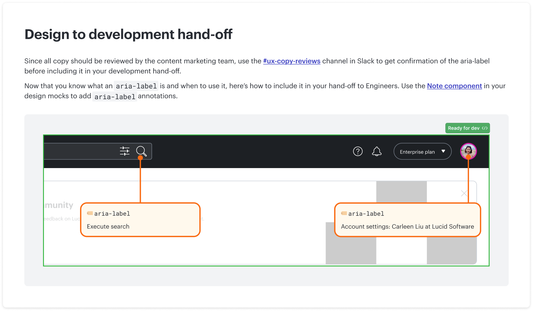 Strata documentation showing accessible-name annotations for Lucid search and account controls