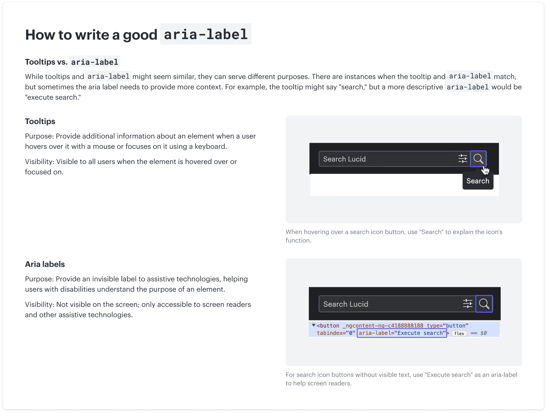 Original Strata guidance comparing the Search tooltip and Execute search accessible name