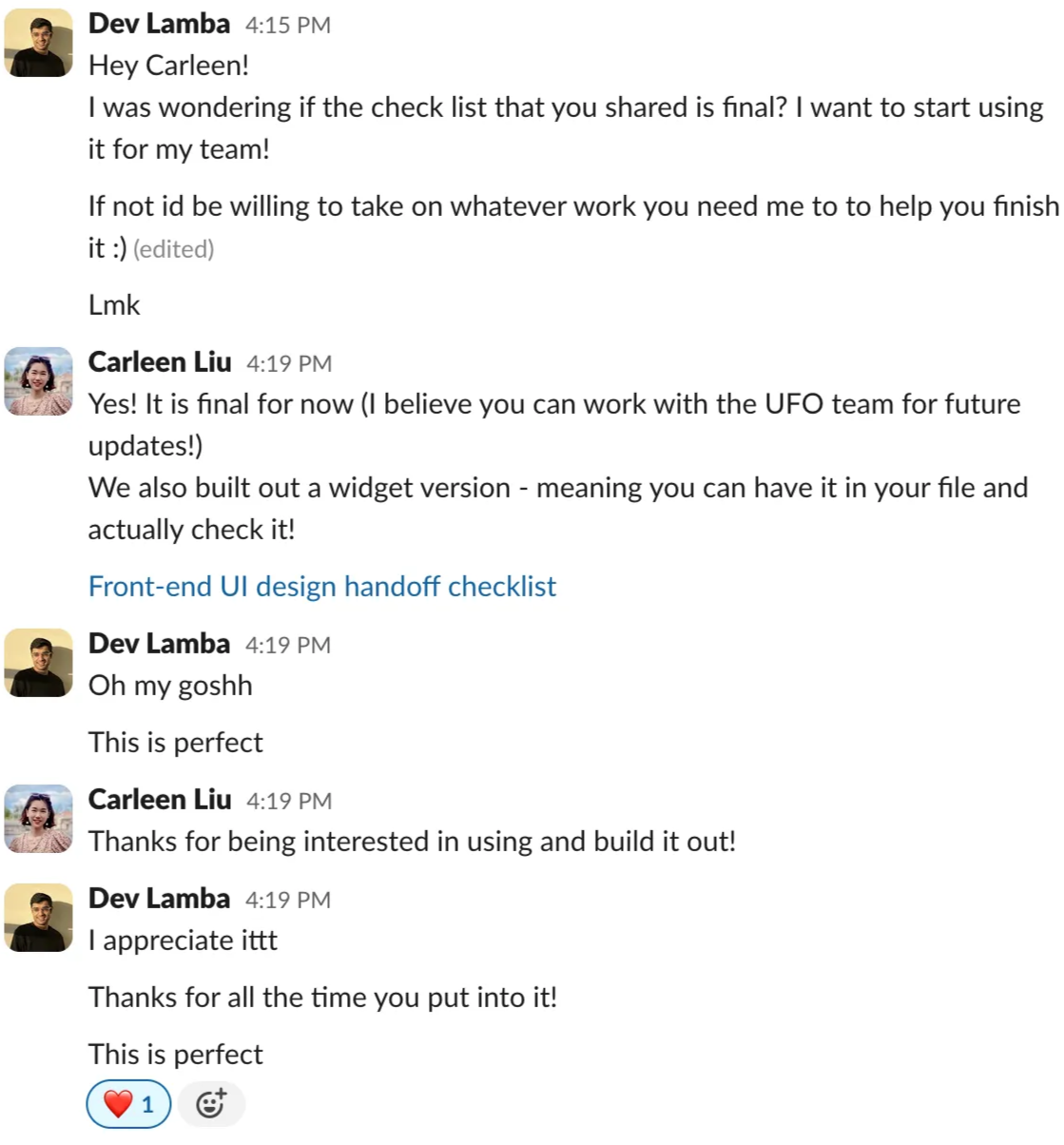 Slack exchange in which a colleague asks to start using the handoff checklist with their team