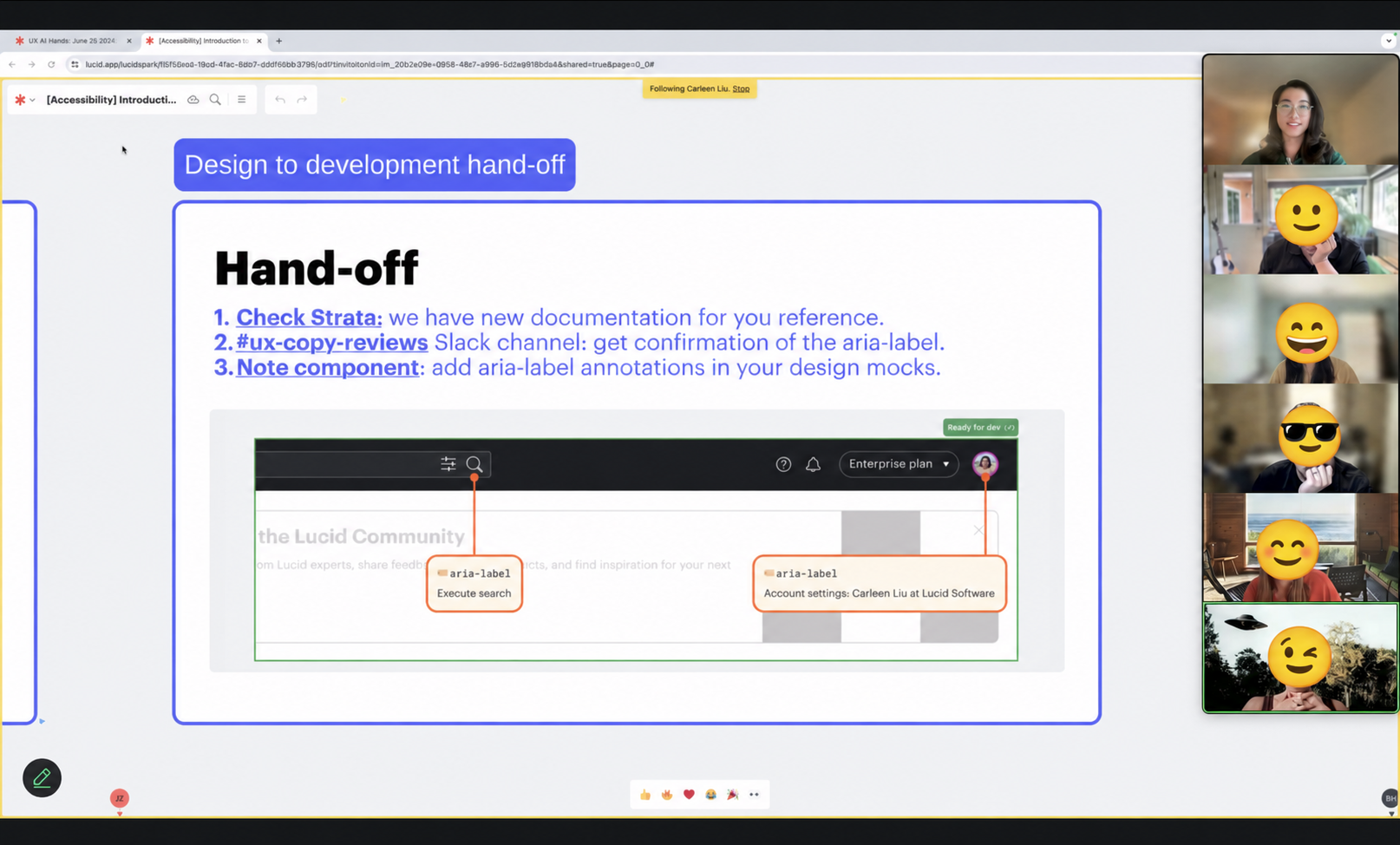 UX All-Hands presentation showing the Strata handoff guidance and annotations