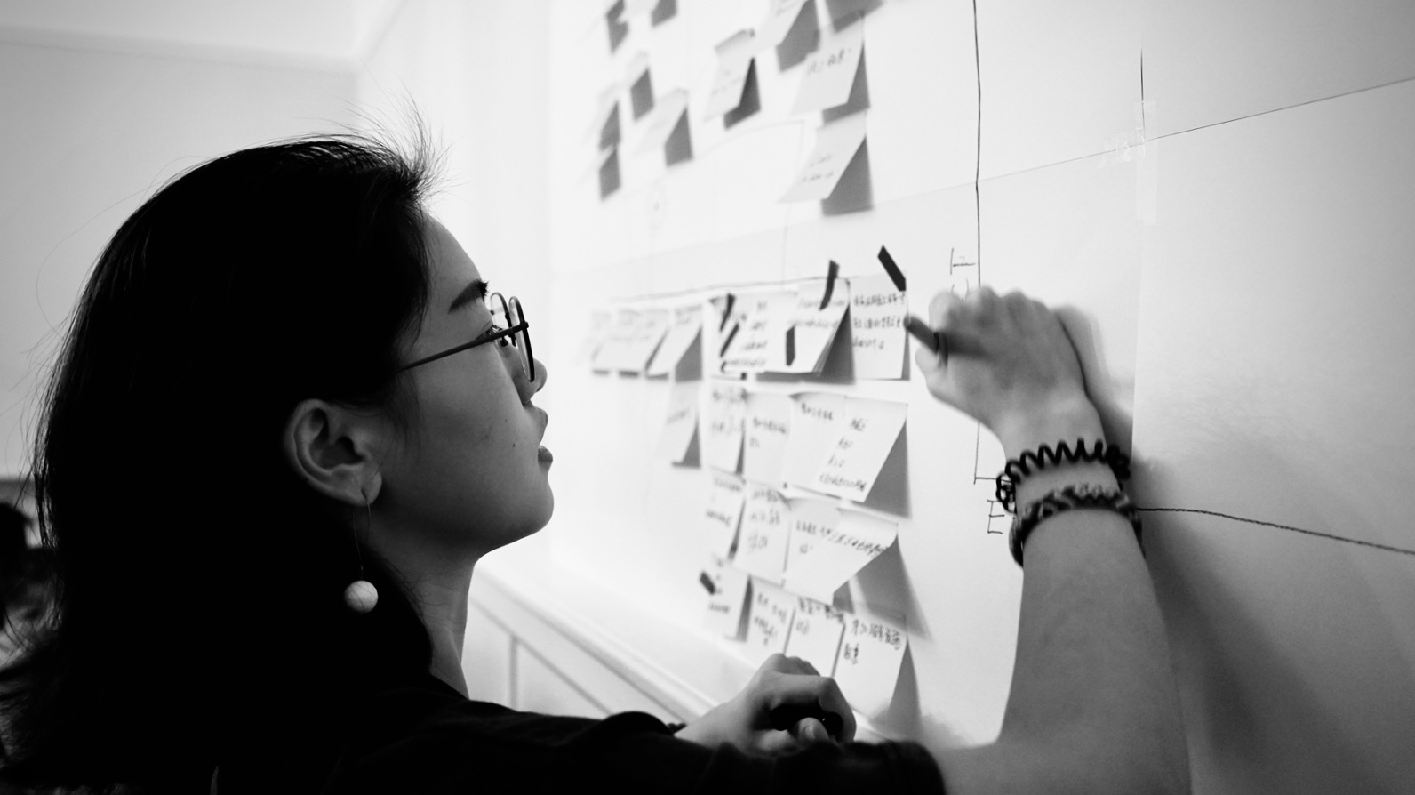 Original photograph of research notes being organized on a wall
