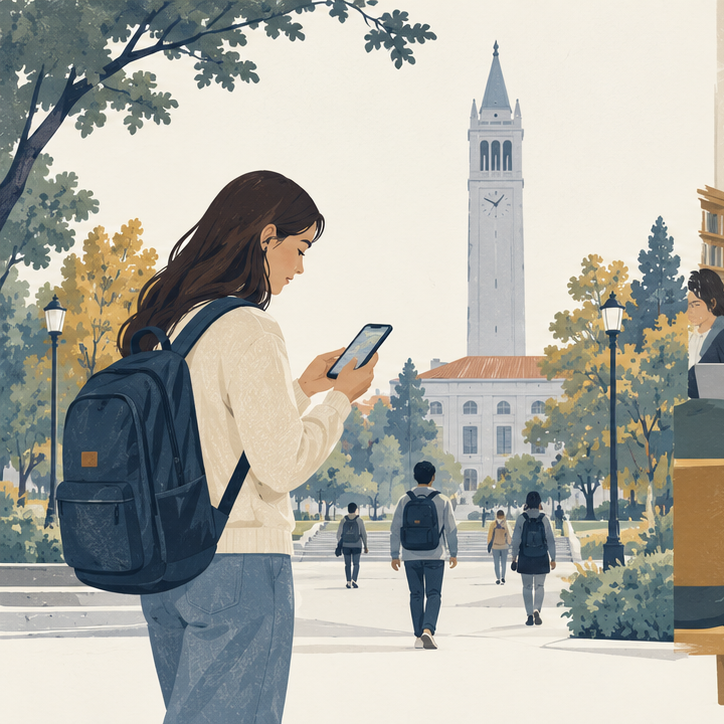 Student checking her phone before walking to a library