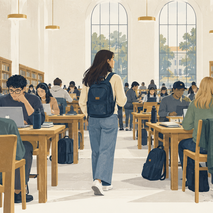 Student searching among occupied library desks