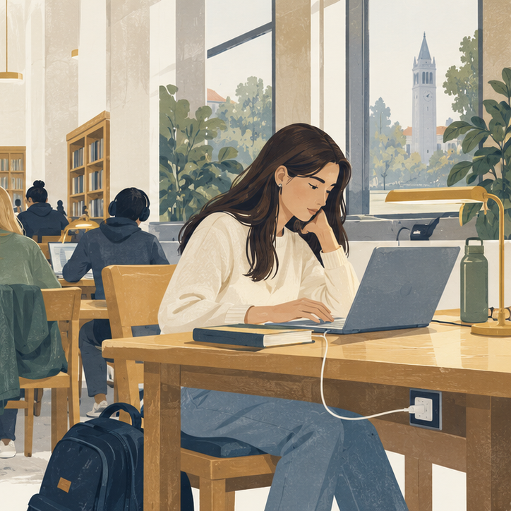 Student studying at a desk with her laptop plugged in