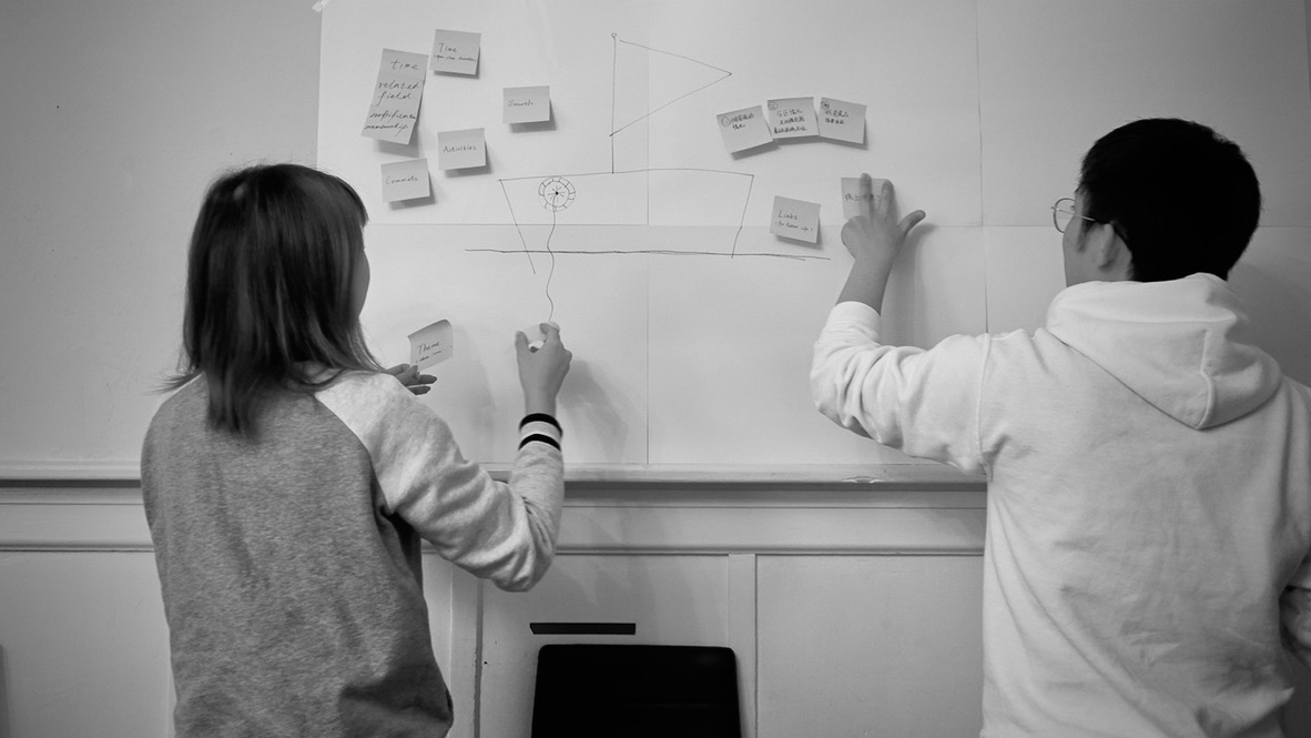 Co-creation session with participants working at a whiteboard
