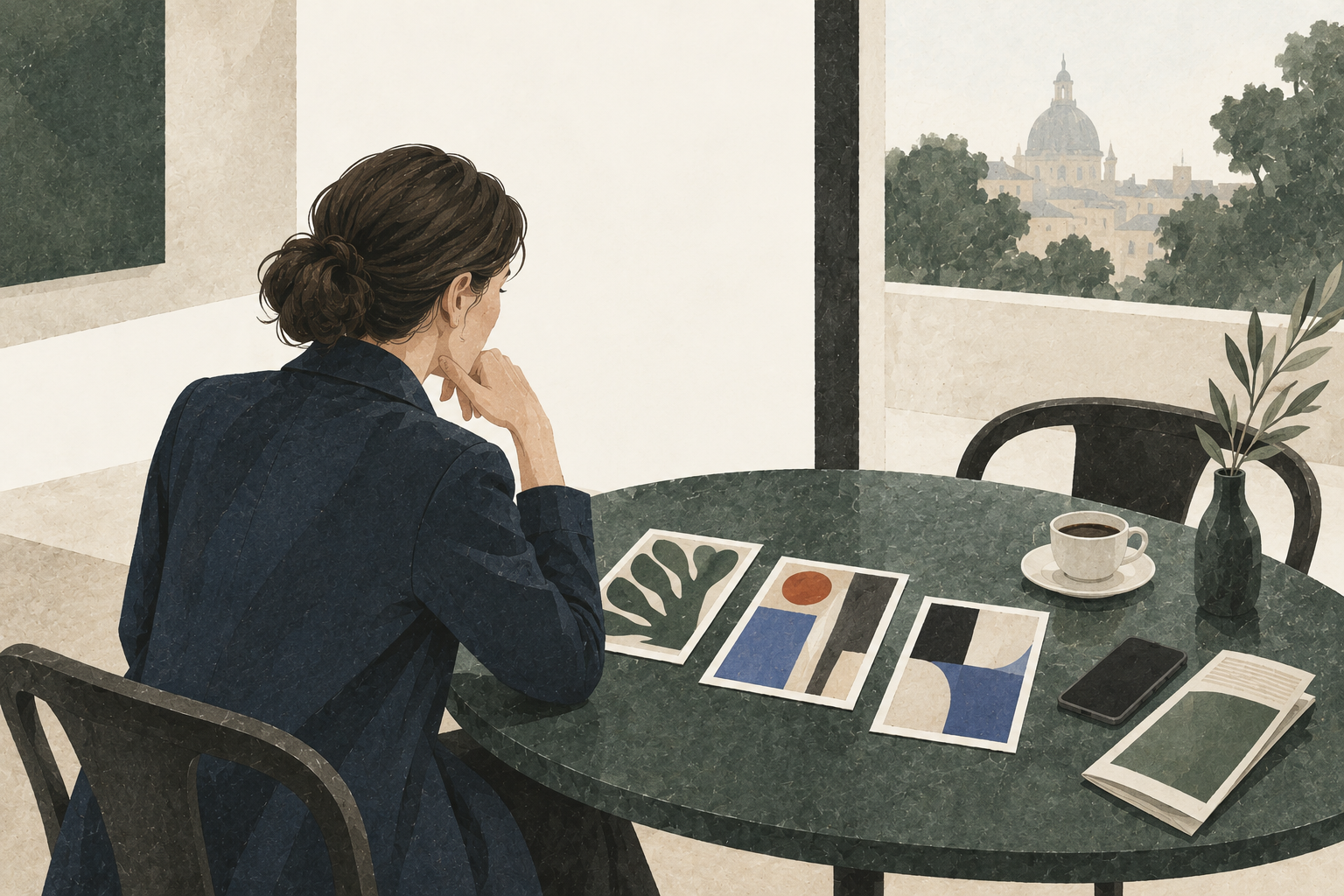 An art enthusiast considering exhibition postcards at a cafe