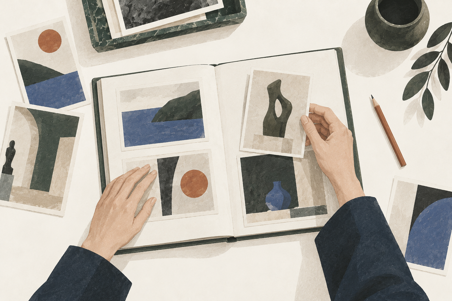 Hands organizing exhibition postcards into a personal art album