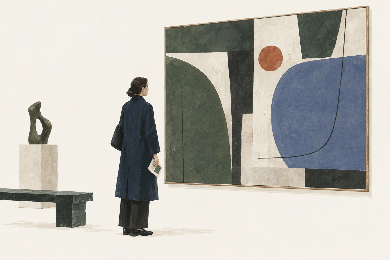 A visitor looking carefully at art in a gallery