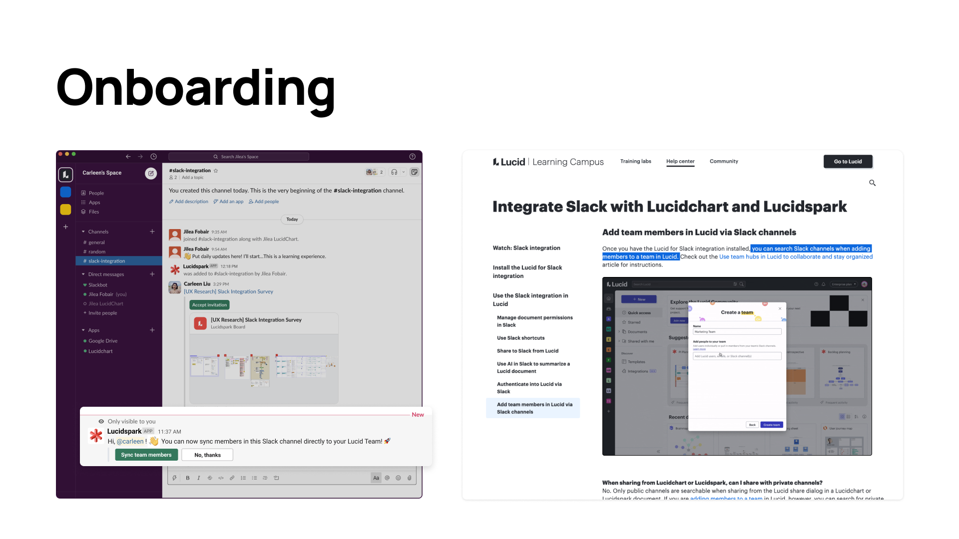 Original case-study slide showing the Slack sync prompt and Lucid Learning Campus documentation