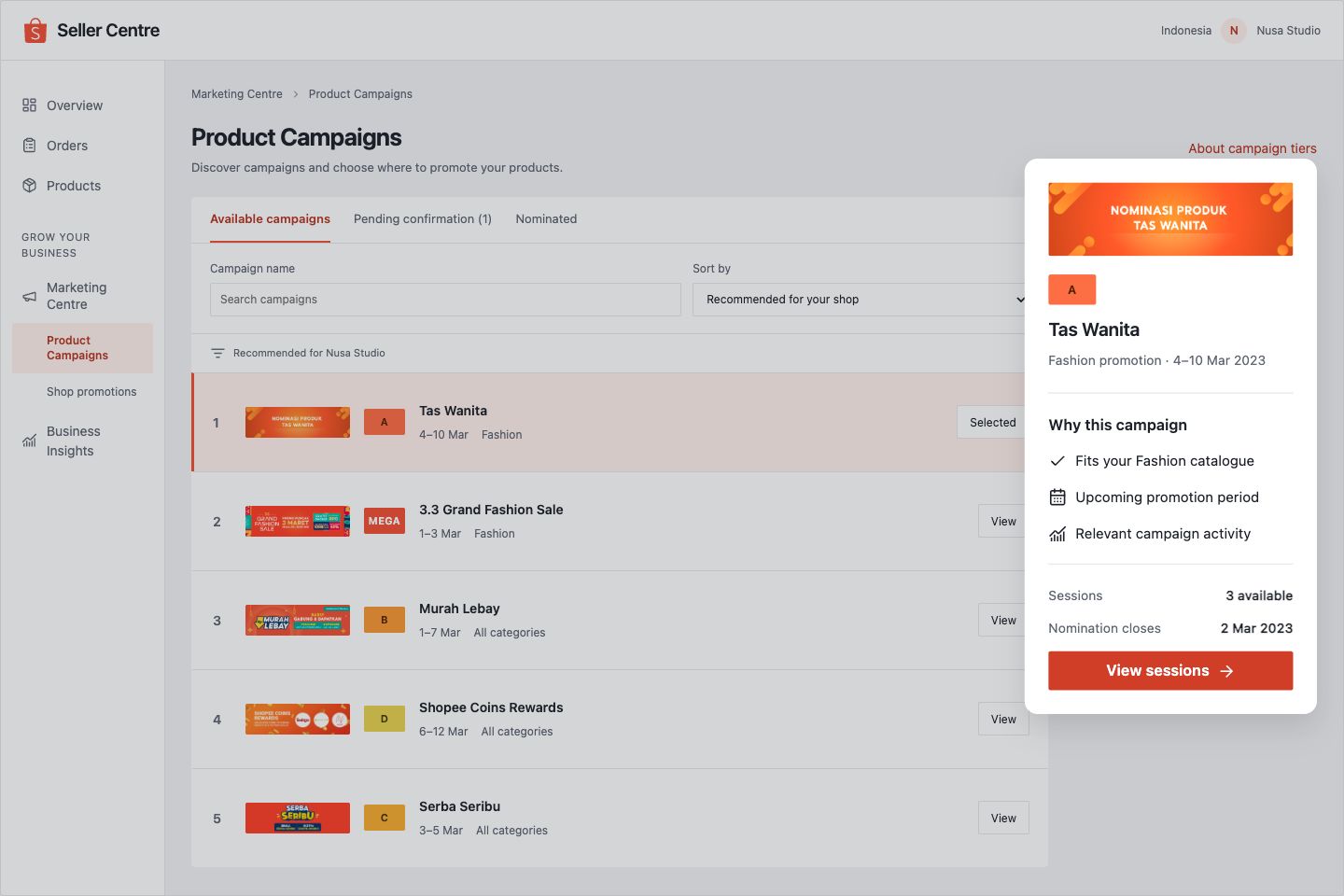 Seller-relevant ranking with full campaign banners and the key region emphasized